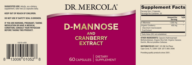 D-Mannose and Cranberry Extract (Dr. Mercola) label