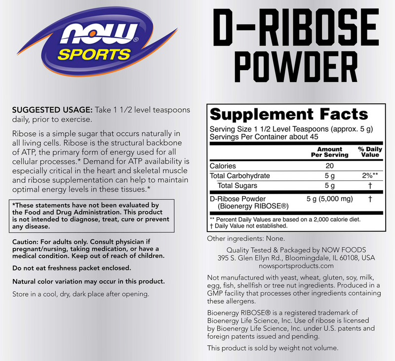 D-Ribose Powder (NOW) Label