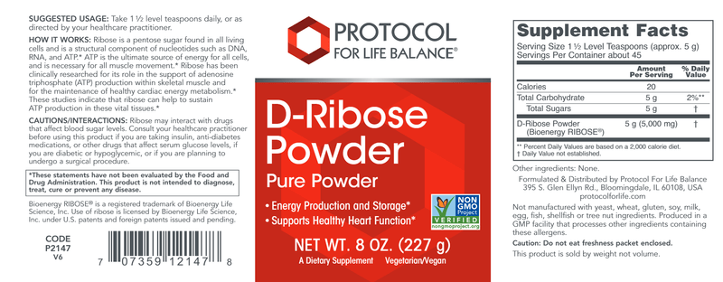 D-Ribose Powder (Protocol for Life Balance) Label