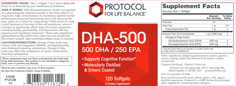 DHA-500 (500 DHA/250 EPA) (Protocol for Life Balance) Label