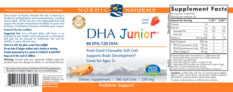 DHA Junior 180 Soft Gels Strawberry (Nordic Naturals) Label