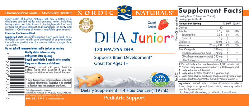 DHA Junior Liquid 4 Fluid Ounces Strawberry (Nordic Naturals) Label