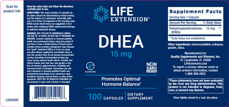 DHEA 15 mg (Life Extension) Label
