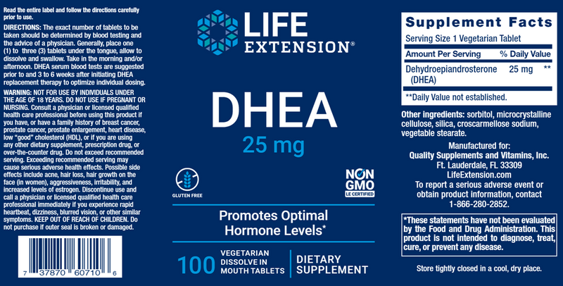 DHEA 25 mg Tablets (Life Extension) Label