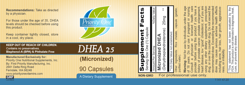 DHEA 25mg (Priority One Vitamins) label