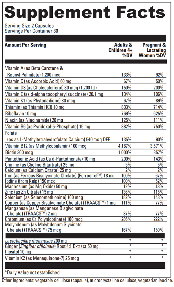 Daily Best Prenatal Supplement Facts Label