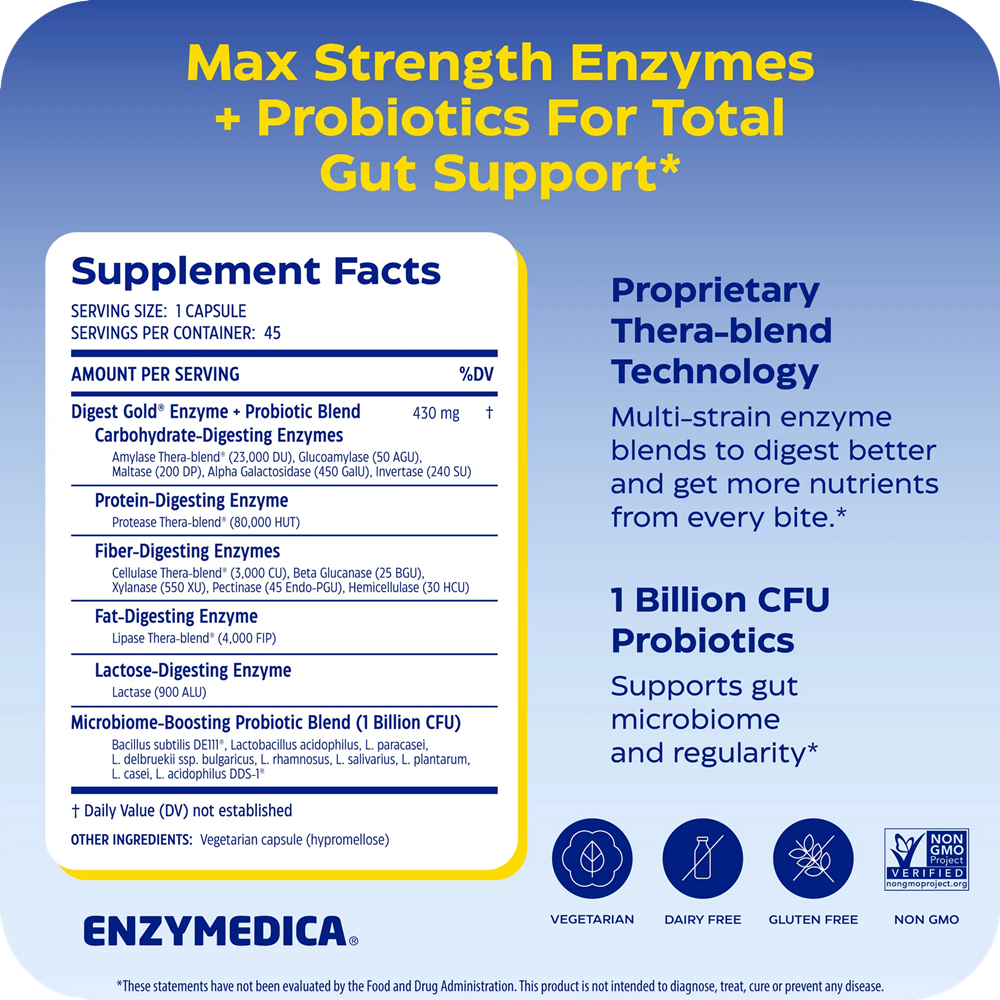 Digest Gold +PROBIOTICS Supplement Facts Label