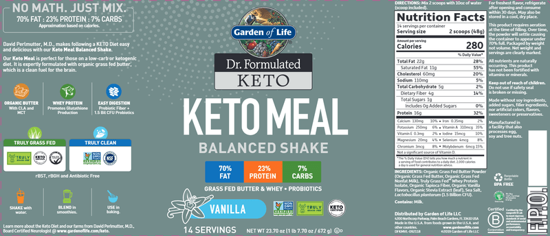 Dr. Formulated Keto Meal Balanced Shake Vanilla (Garden of Life) Label
