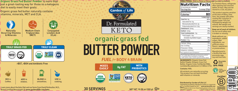 Dr. Formulated Keto Organic Grass Fed Butter Powder (Garden of Life) Label