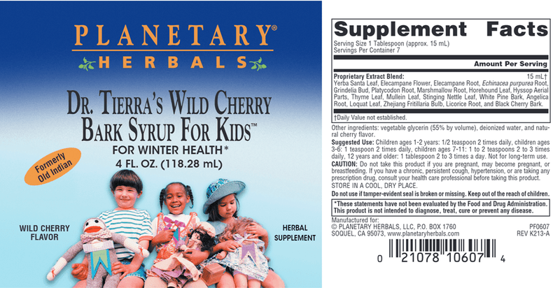 Dr. Tierra's Wild Cherry Bark Syrup For Kids (Planetary Herbals) label
