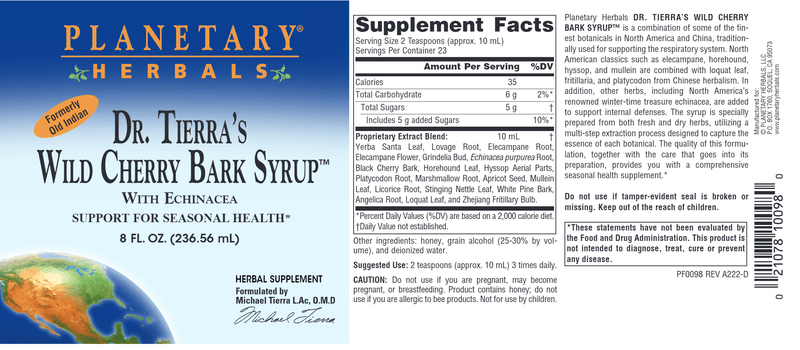 Dr. Tierra's Wild Cherry Bark Syrup (Planetary Herbals) label