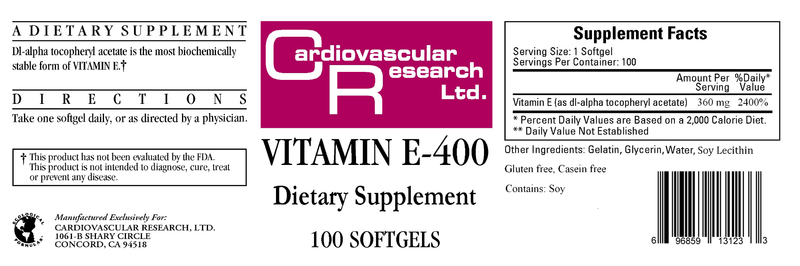 E-400 400 IU (Ecological Formulas) Label