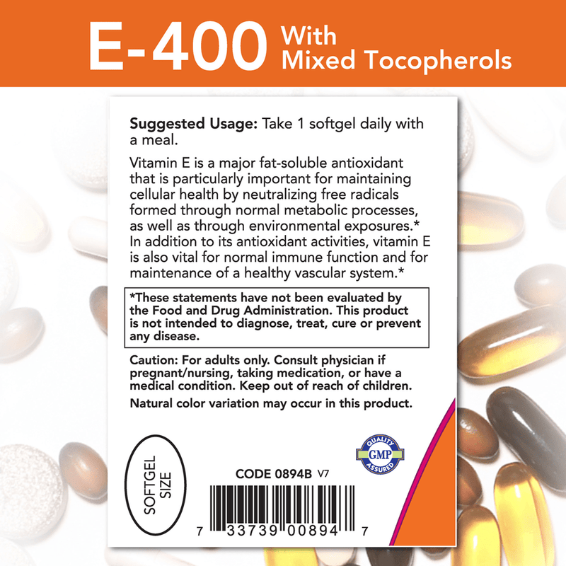E-400 (Mixed Tocopherols) - 250 Softgels (NOW) Label