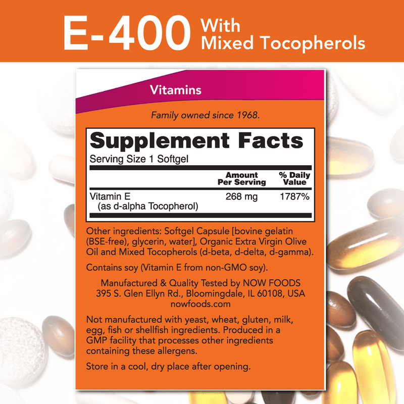 E-400 (Mixed Tocopherols) - 250 Softgels (NOW) Supplement Facts