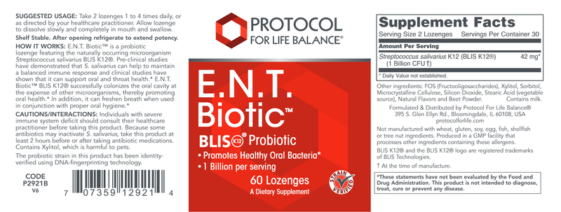 E.N.T. Biotic (Protocol for Life Balance) Label