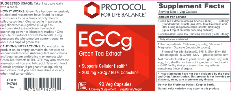EGCg Green Tea Extract (Protocol for Life Balance) Label