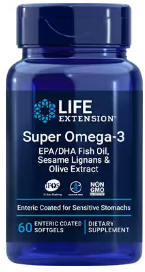 Super Omega-3 EPA/DHA Fish Oil, Sesame Lignans & Olive Extract enteric-coated softgels (Life Extension) 60ct front