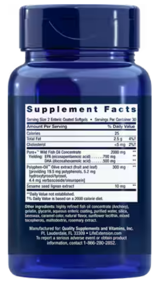 Super Omega-3 EPA/DHA Fish Oil, Sesame Lignans & Olive Extract enteric-coated softgels (Life Extension) 60ct back