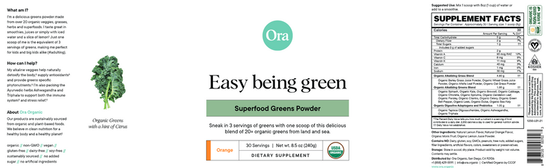 Easy Being Green: Organic Greens Powder (Ora Organic) Label