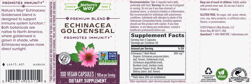 Echinacea Goldenseal veg capsules (Nature's Way) 100ct Label