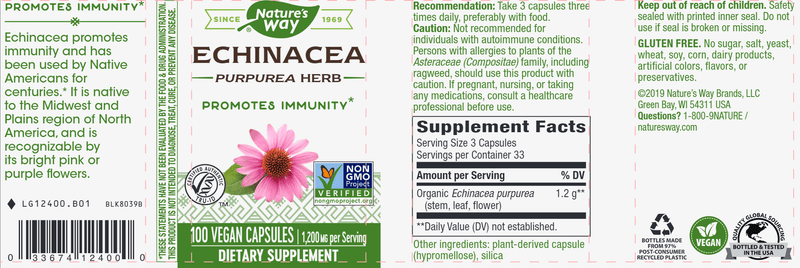Echinacea Purpurea Herb Veg Capsules (Nature's Way) 100ct Label