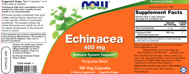 Echinacea Root - 100 Capsules (NOW) Label