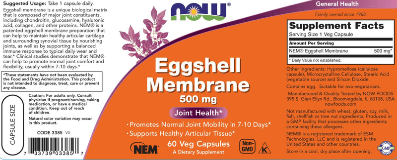 Eggshell Membrane 500 mg (NOW) Label