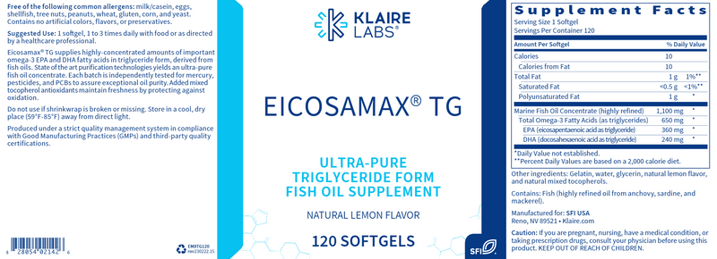 Eicosamax TG (Klaire Labs) 120ct Label