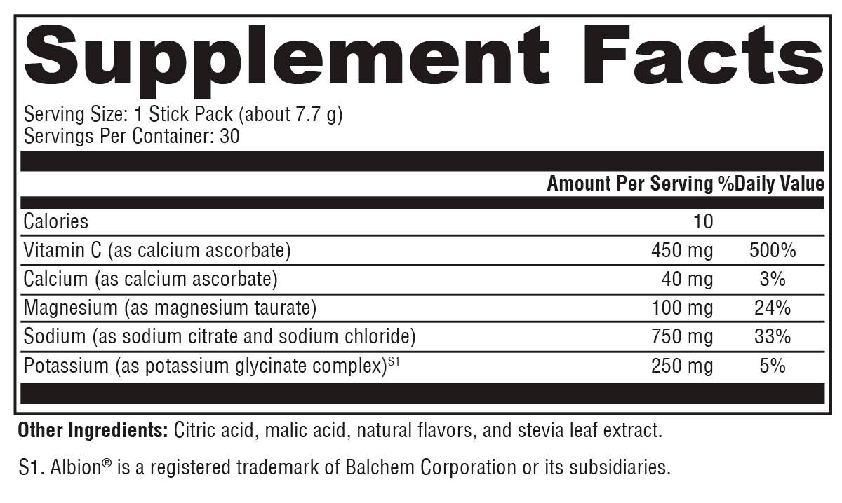 Electrolyte Sticks Lemon-Lime Supplement Facts Label