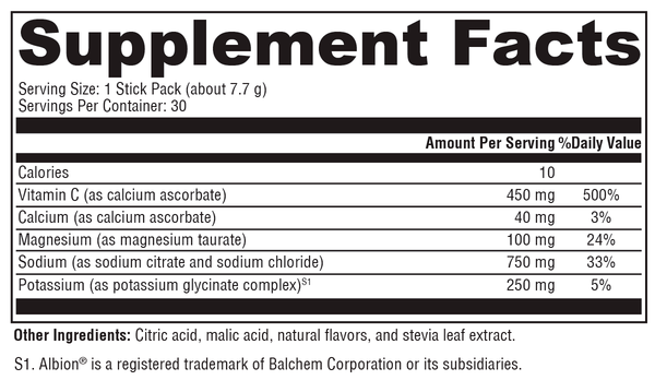 Electrolyte Sticks Lemon-Lime Supplement Facts Label