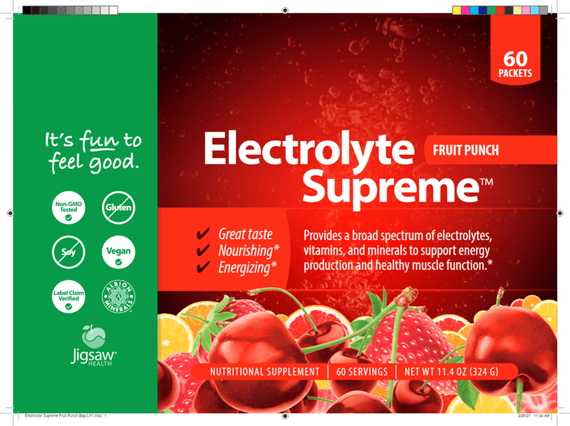 Electrolyte Supreme Fruit Punch packets (Jigsaw Health) Label