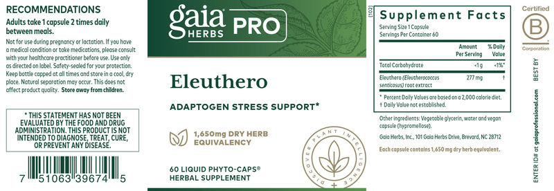 Eleuthero Root (Gaia Herbs Professional Solutions) label