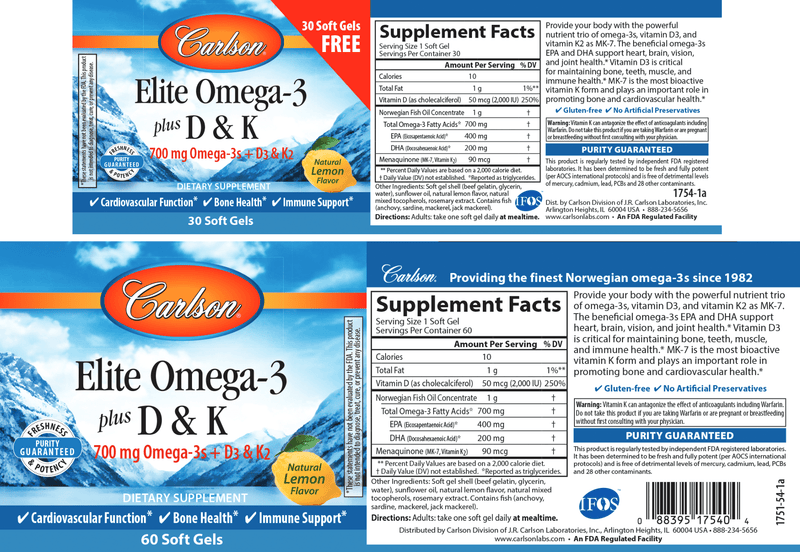 Elite Omega 3 + D3 & K 60+30 Softgels (Carlson Labs) label