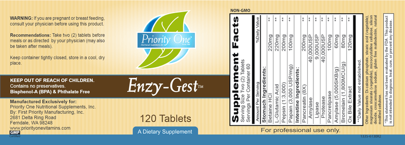 Enzy-Gest (Priority One Vitamins) 120ct label