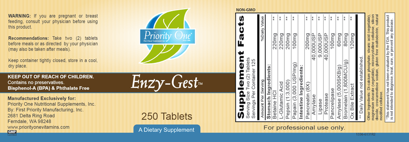 Enzy-Gest (Priority One Vitamins) 250ct label