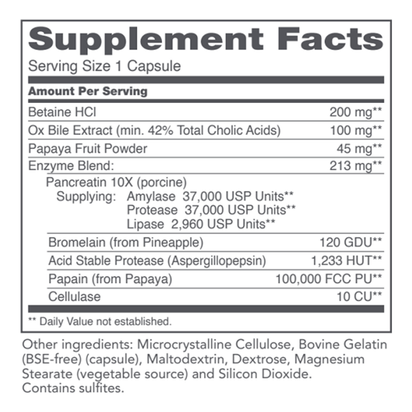 Enzymes-HCl Supplement Facts Label