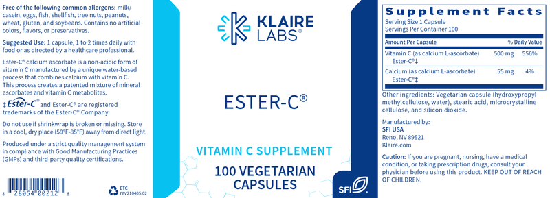 Ester-C 500 mg (Klaire Labs) Label
