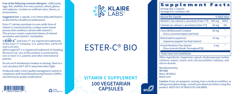 Ester-C Bio (Klaire Labs) Label