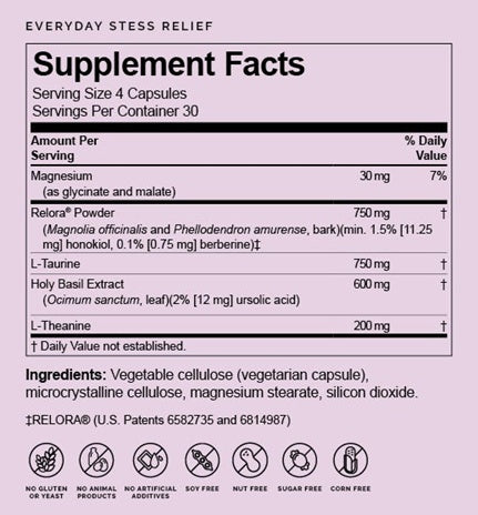 Everyday Stress Relief Supplement Facts Label