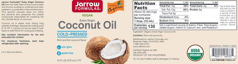 Extra Virgin Coconut Oil Jarrow Formulas label
