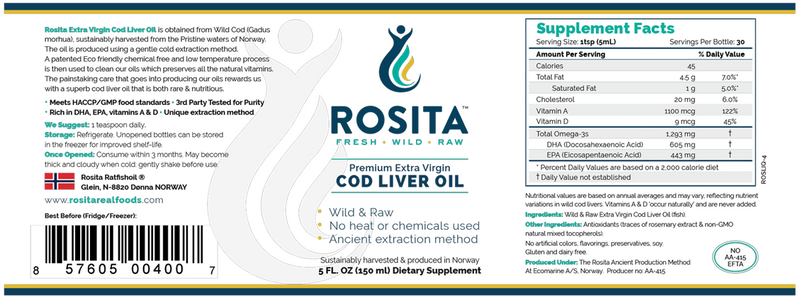 Extra Virgin Cod Liver Oil Liquid (Rosita) Label