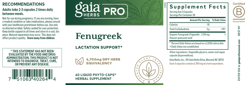 Fenugreek Seed (Gaia Herbs Professional Solutions) label