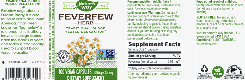 Feverfew veg capsules (Nature's Way) 100ct Label