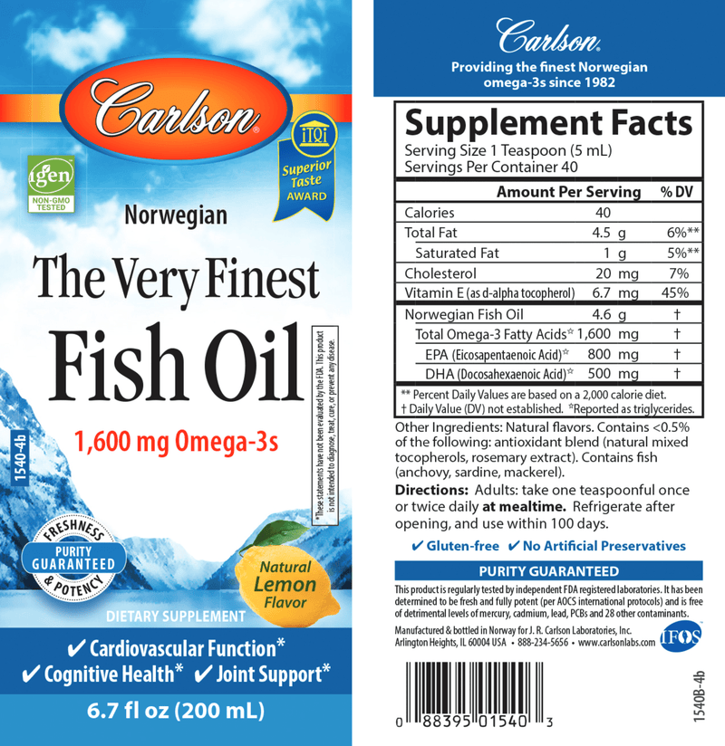 Finest Fish Oil Omega 3 (Carlson Labs) 6.7oz label