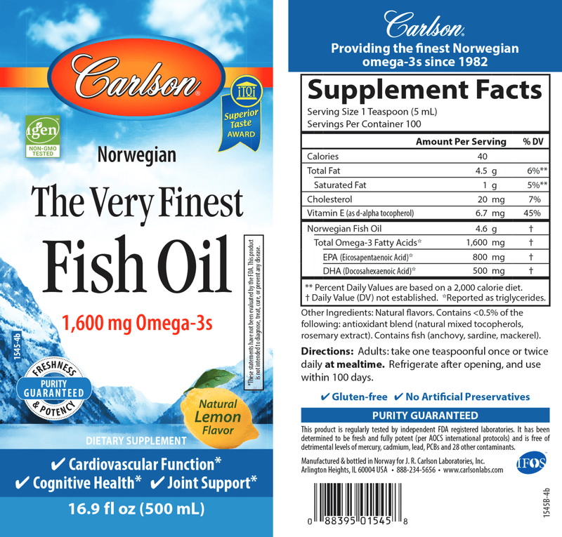 Finest Fish Oil Omega 3 (Carlson Labs) 16.9oz label