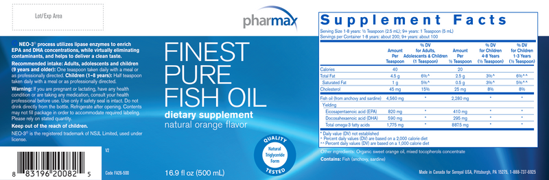 Finest Pure Fish Oil Pharmax 16oz label