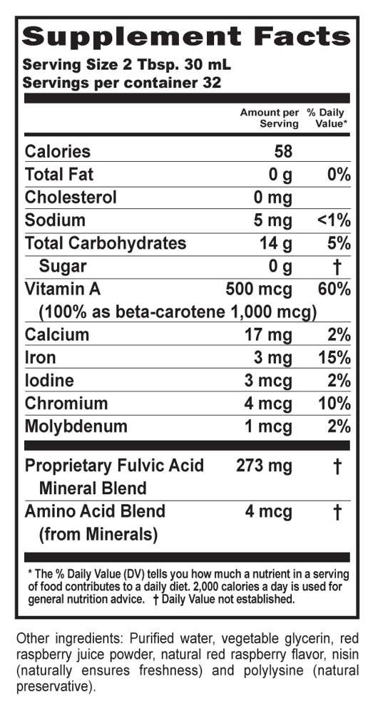 Fulvic Acid Minerals Raspberry Supplement Facts Label