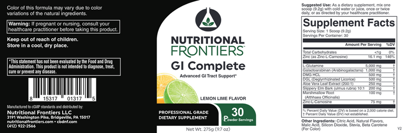 GI Complete Powder Lemon Lime Nutritional Frontiers Label