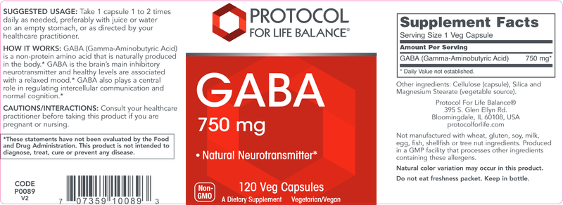 Gaba 750 mg (Protocol for Life Balance) Label