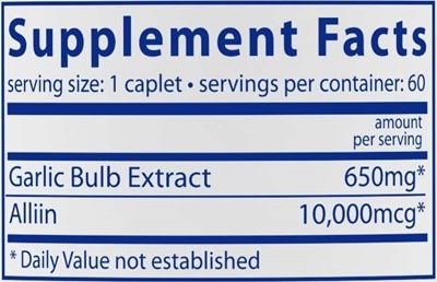 Garlic 6000 EC Caplets 650mg (Vital Nutrients) Supplement Facts